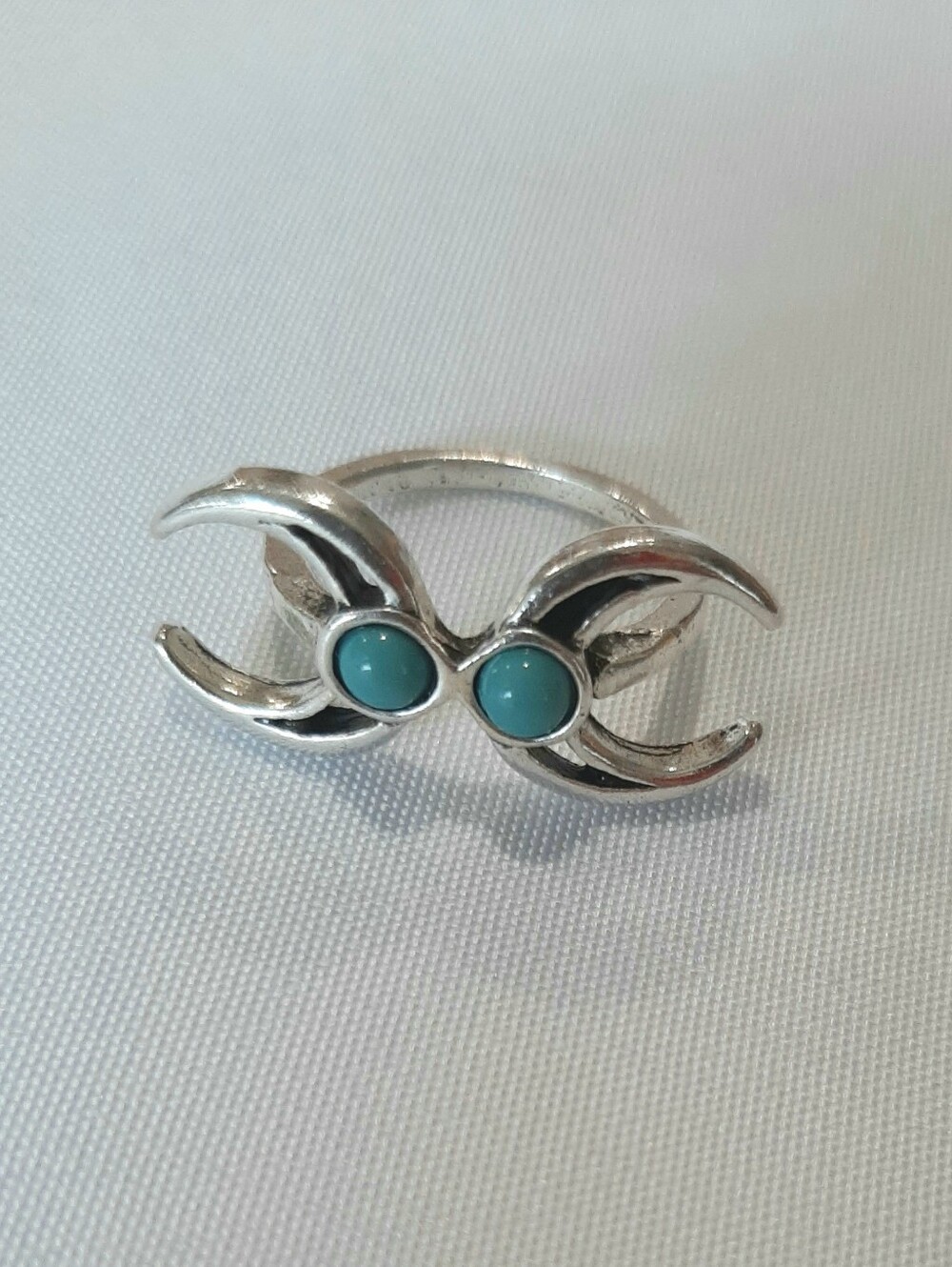 Whimsigoth Witchy Metal Silver Tone Double-Crescent Moon Turquoise Stone Ring